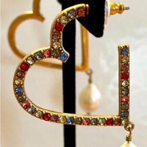 J. Crew Heart Multi-color Pave Drop Earrings With Pearl NWT